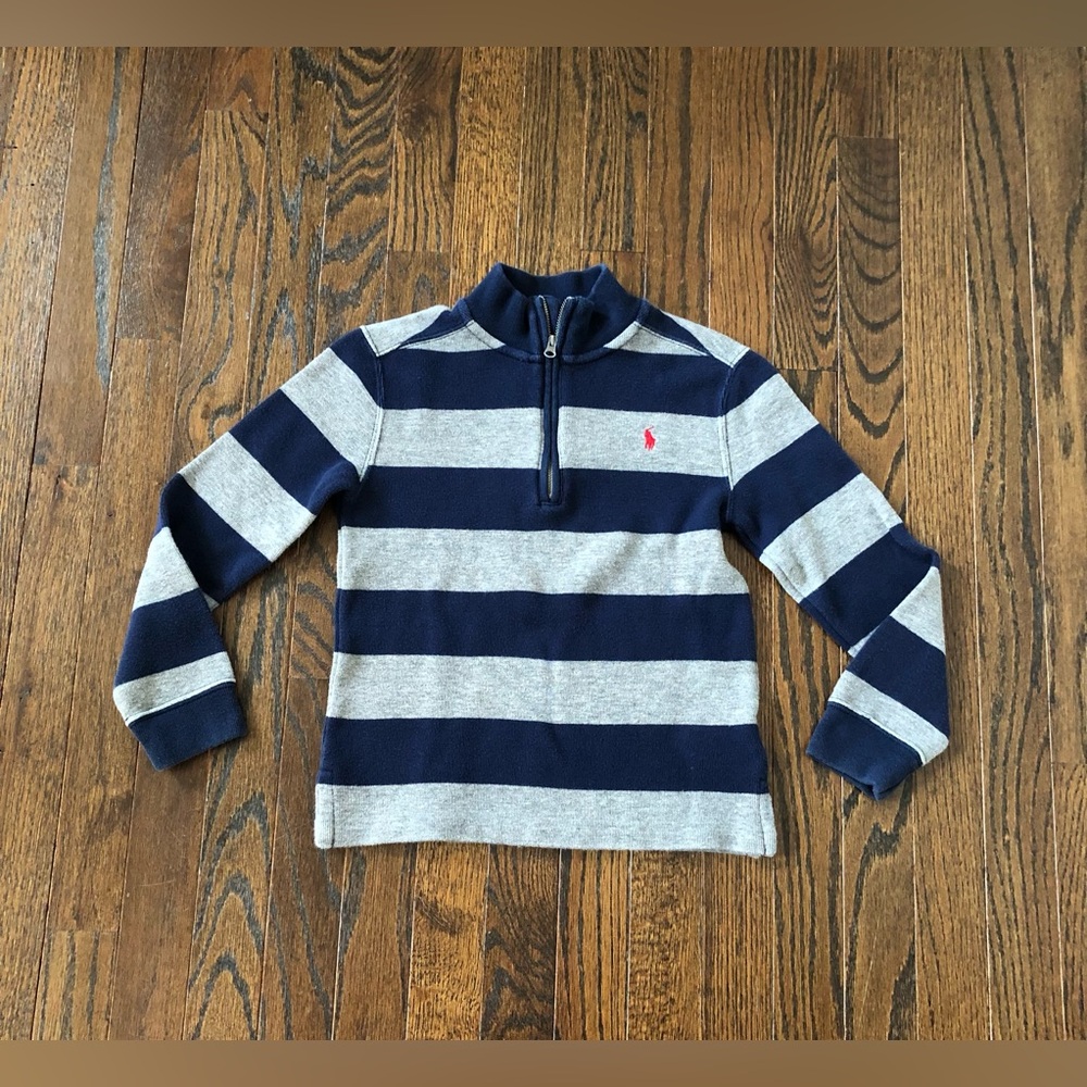 Polo Ralph Lauren Boys 7 Navy/Gray Striped Quarter Zip Pullover Sweater